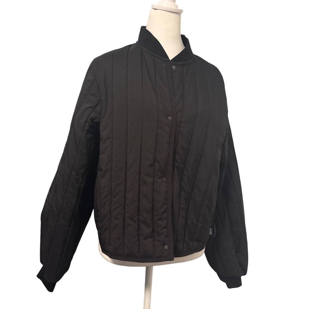RAINS Banja Liner Bomber Jacket Black Quilted Padded Snap Front Women's Size M - Picture 1 of 10